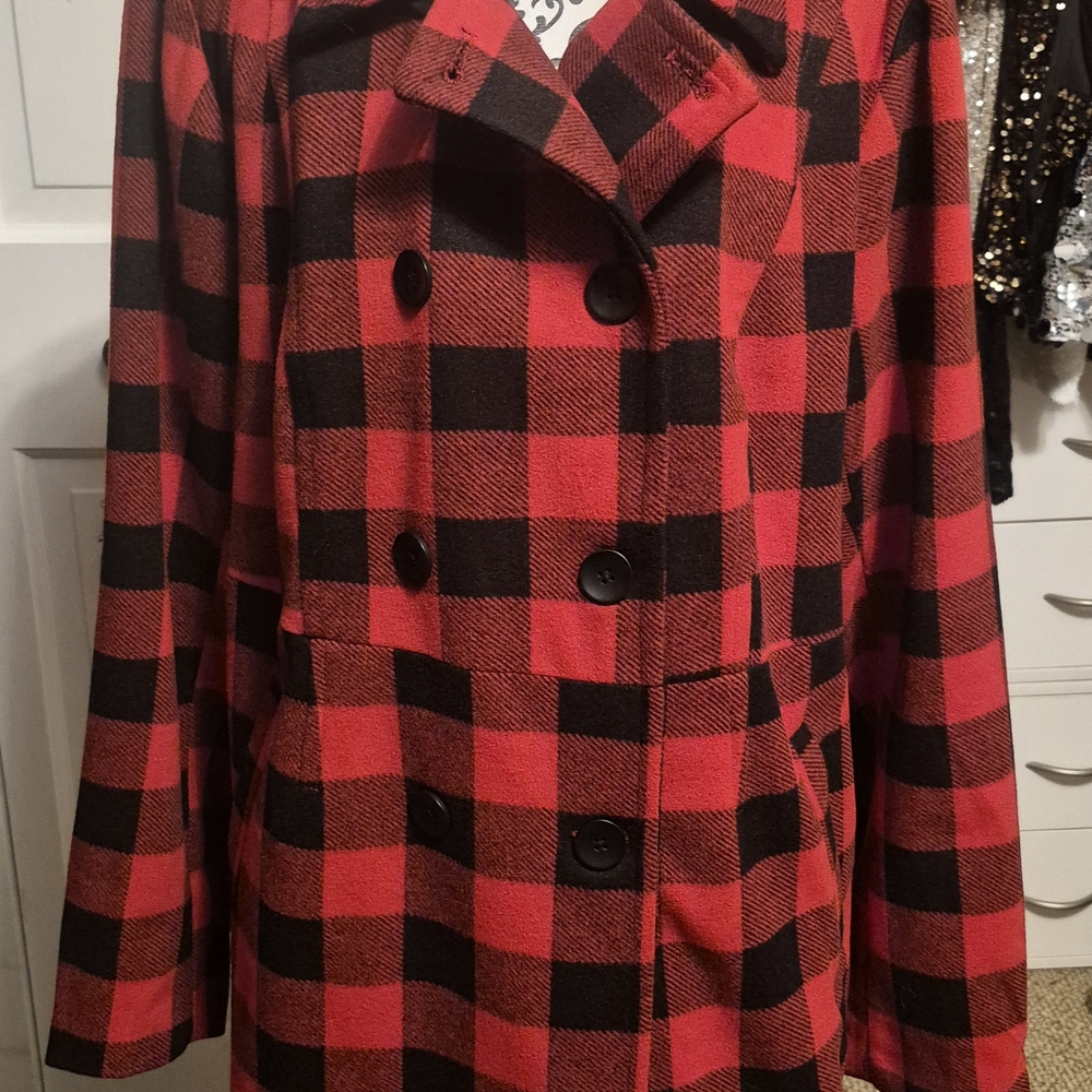 Torrid Black and Red Checkered Pea Coat
